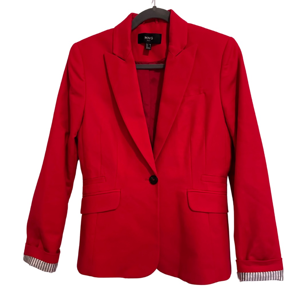 Mng Mango Structured Suit Red Cotton One Button Blazer Jacket Sz 6